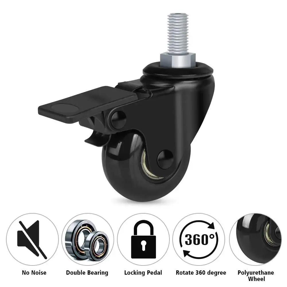 Two Inch Swivel Caster Wheels With Three Eighths Inch 16 UNC Threaded Stem for carts featuring brake lock and smooth black wheel.
