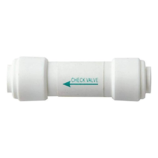 Check Valve For Reverse Osmosis Water Filter With Quarter Inch Quick Connect Fitting Installs On Membrane Housing Outlet Prevents Backflow Compatible With Most RO Systems By iSpring, white cylindrical plastic check valve on white background.