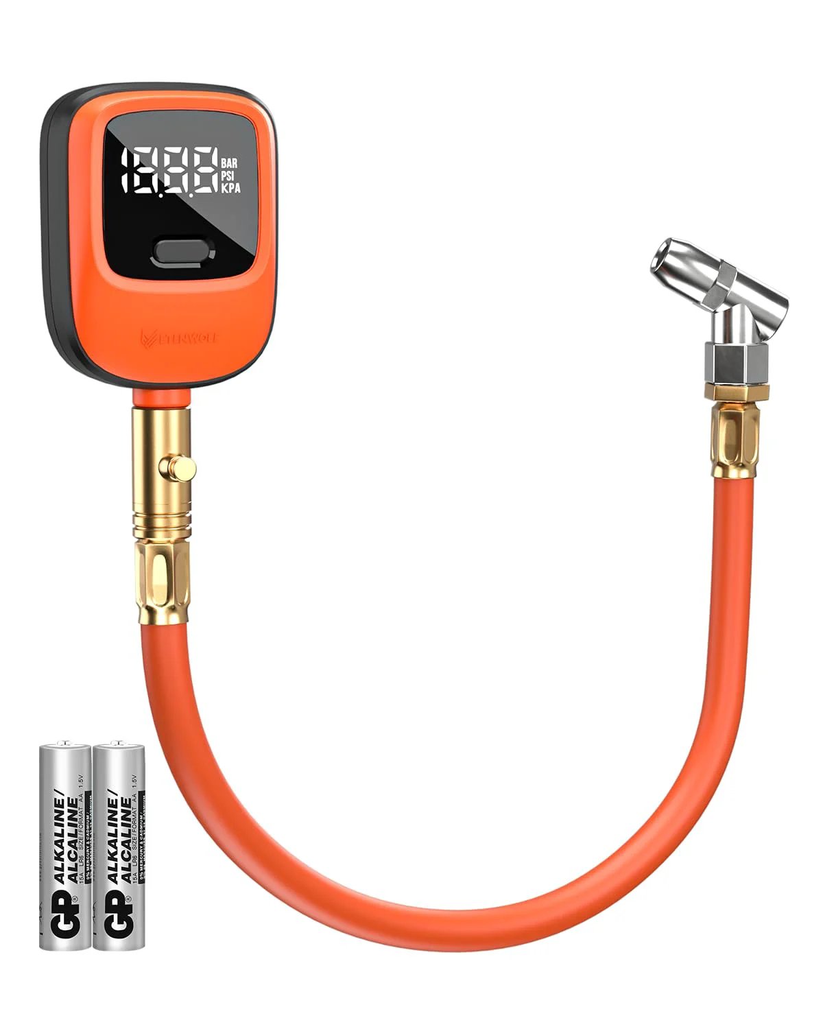 Digital Tire Pressure Gauge With Rubber Hose And Replaceable AA Batteries Delivers 0 To 250 PSI Readings ANSI B40 7 2A High Precision Plus Minus 1 Percent Pro Grade Accuracy For Cars Trucks SUVs And Bicycles, showing flexible hose and batteries