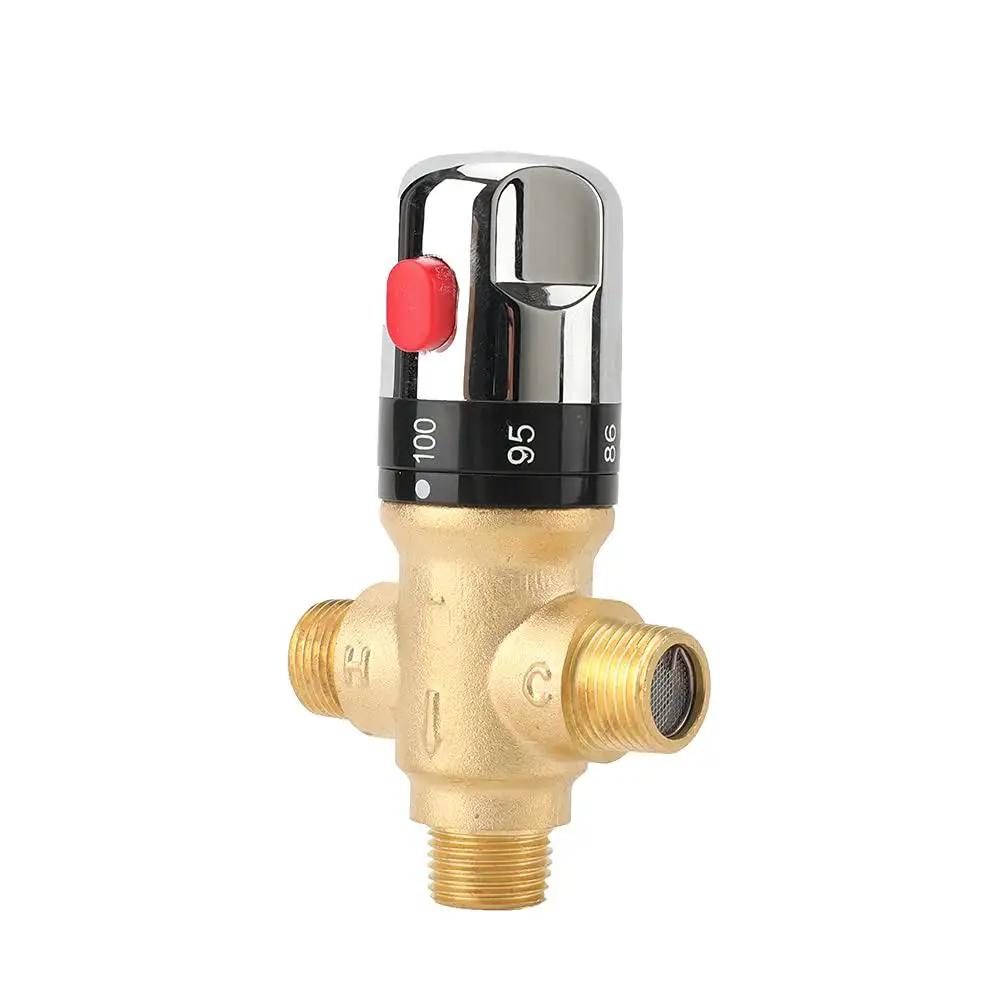 Shower Thermostatic Mixing Valve From TreMax With One Half Inch NPT Thread US Standard, solid brass, gold finish, Fahrenheit markings.
