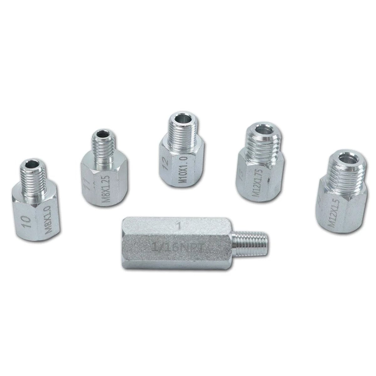 Thread adapters from Engine And Transmission Oil Pressure Test Kit with 14 Thread Adapters 72 Inch Hose and Dual Gauges Up to 400 PSI.