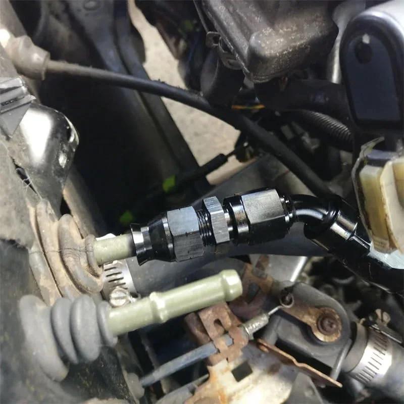 Installed 6AN Female Flare To Three Eighths Inch Tube OD Hardline Fitting Adapter Aluminum Black Two Pack For Fuel Line Connector Nine Sixteenth Inch UNF Thread Compatible With Stainless Steel Or Aluminum Hardline in vehicle engine