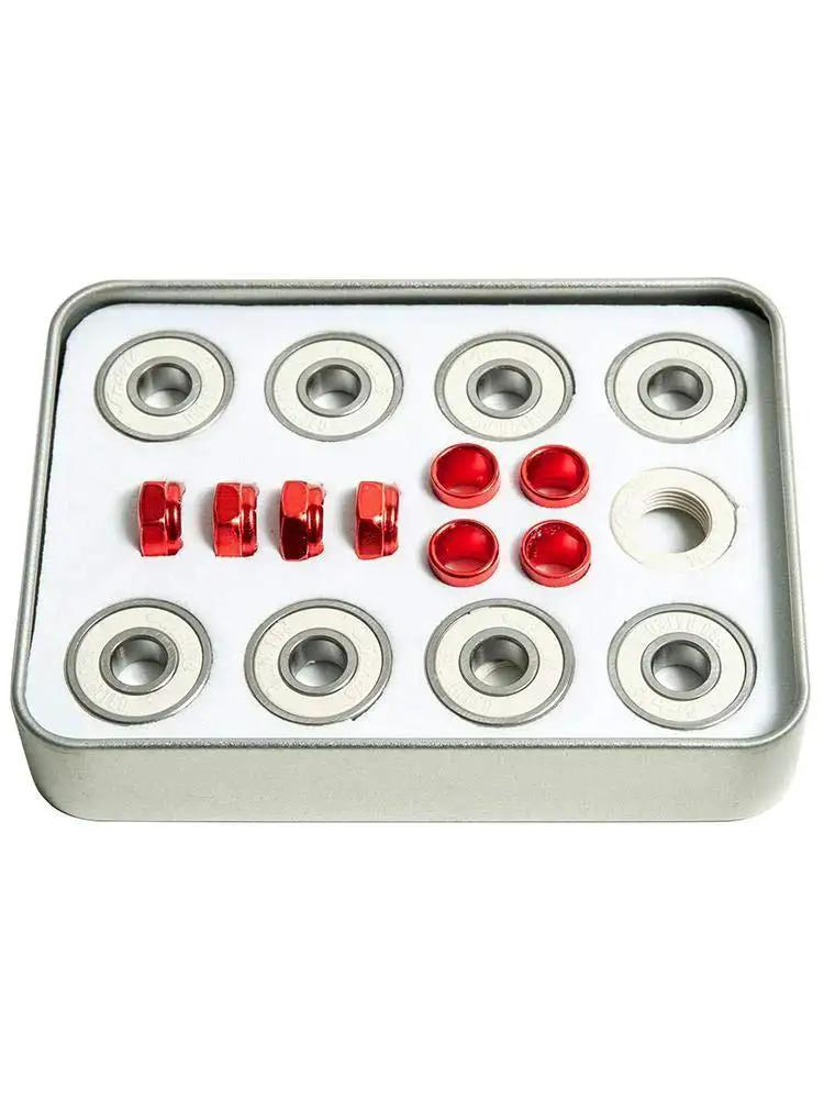 High Performance Swiss Bearing Kit with eight precision bearings, eight shields, four spacers, and four axle nuts for smooth fast rides.
