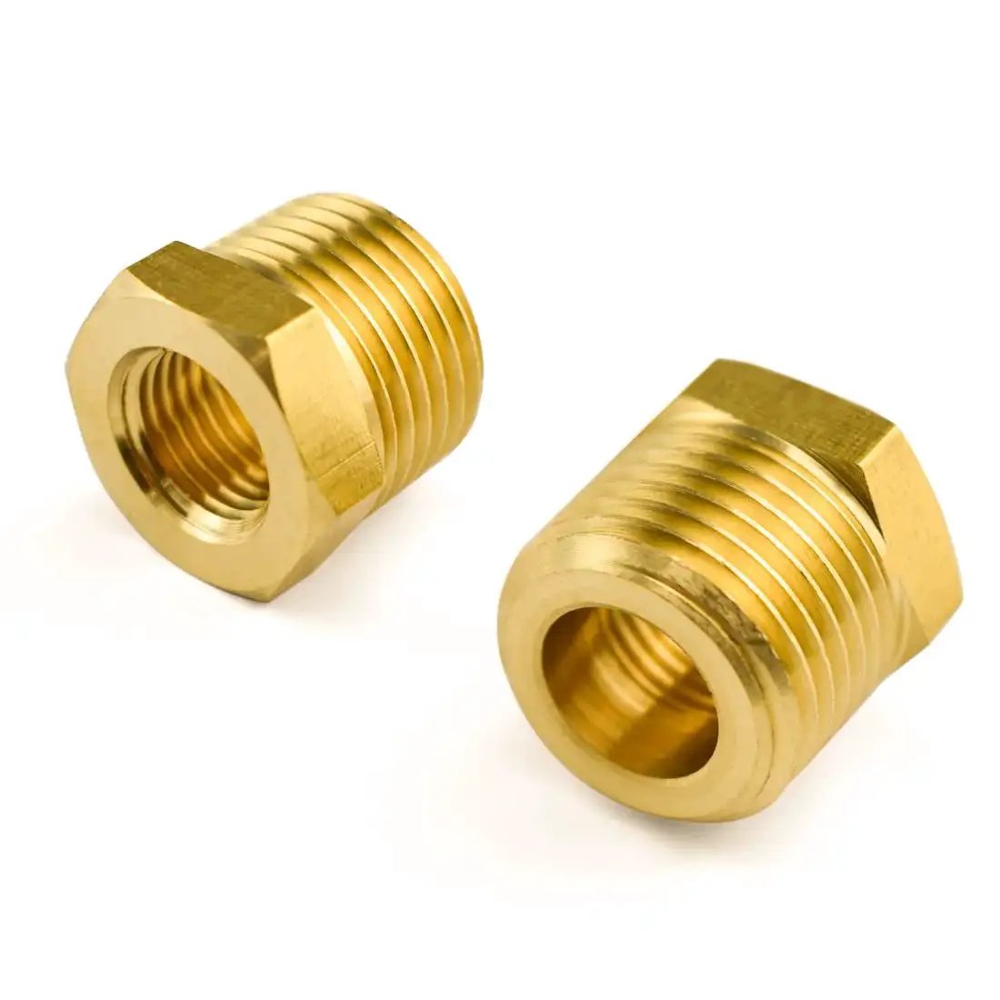 Two Pack Brass Bushing Reducer Adapter One Half Inch NPT Male To One Quarter Inch NPT Female Pipe Fittings For Plumbing Use In Wet Environments