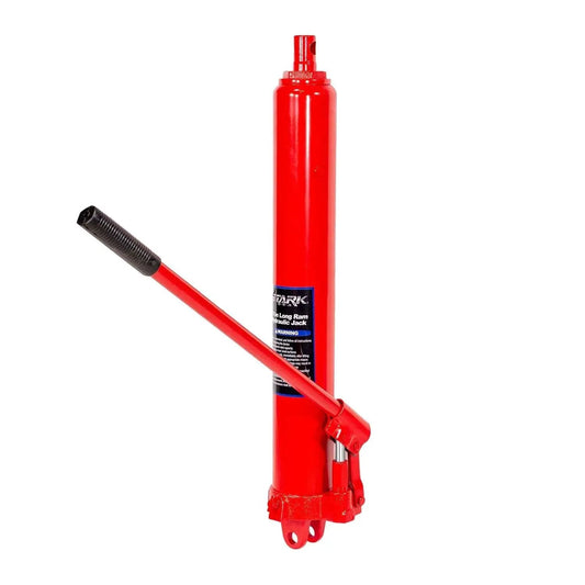8 Ton Hydraulic Ram Jack With Single Piston Pump For Engine Hoists And Cranes, red cylinder with pump handle, front view.