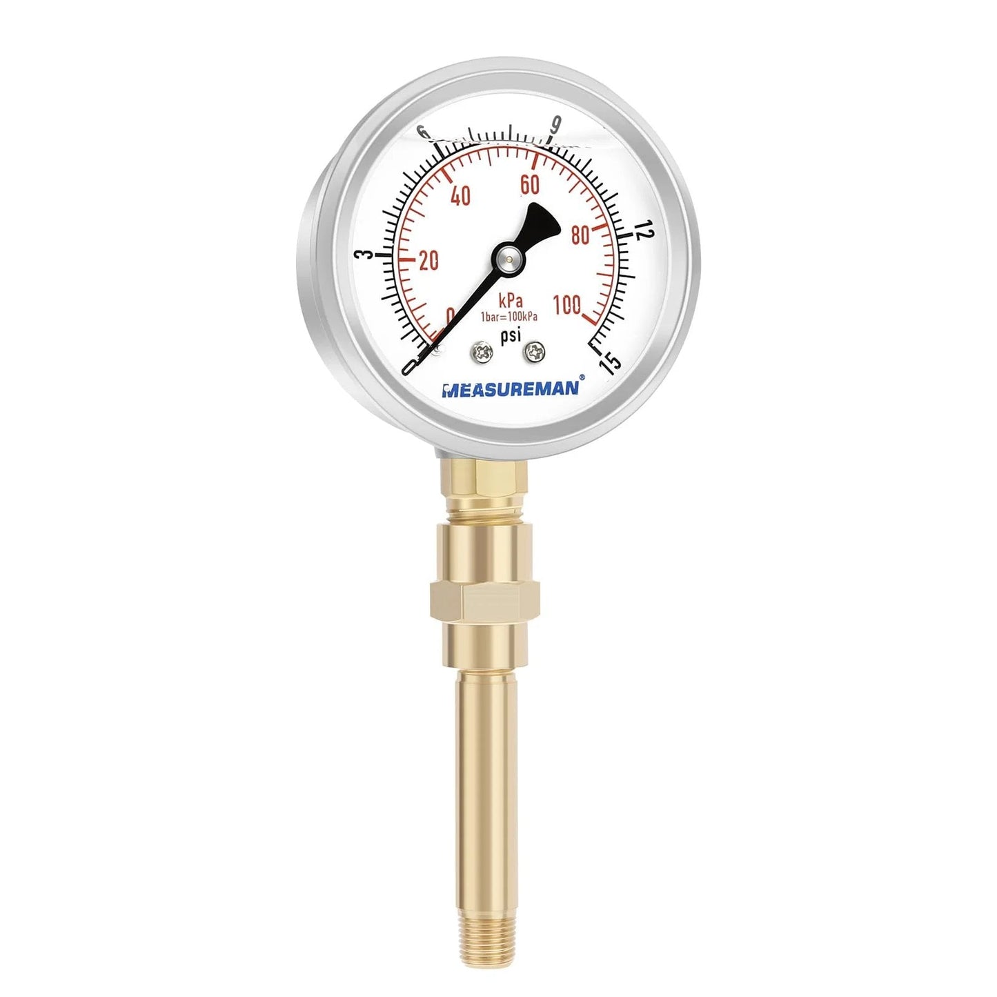 Heavy Duty Liquid Filled Air Gauge Kit For Portable Oil Fired Heaters 0 To 15 PSI, brass connector and pro grade dial