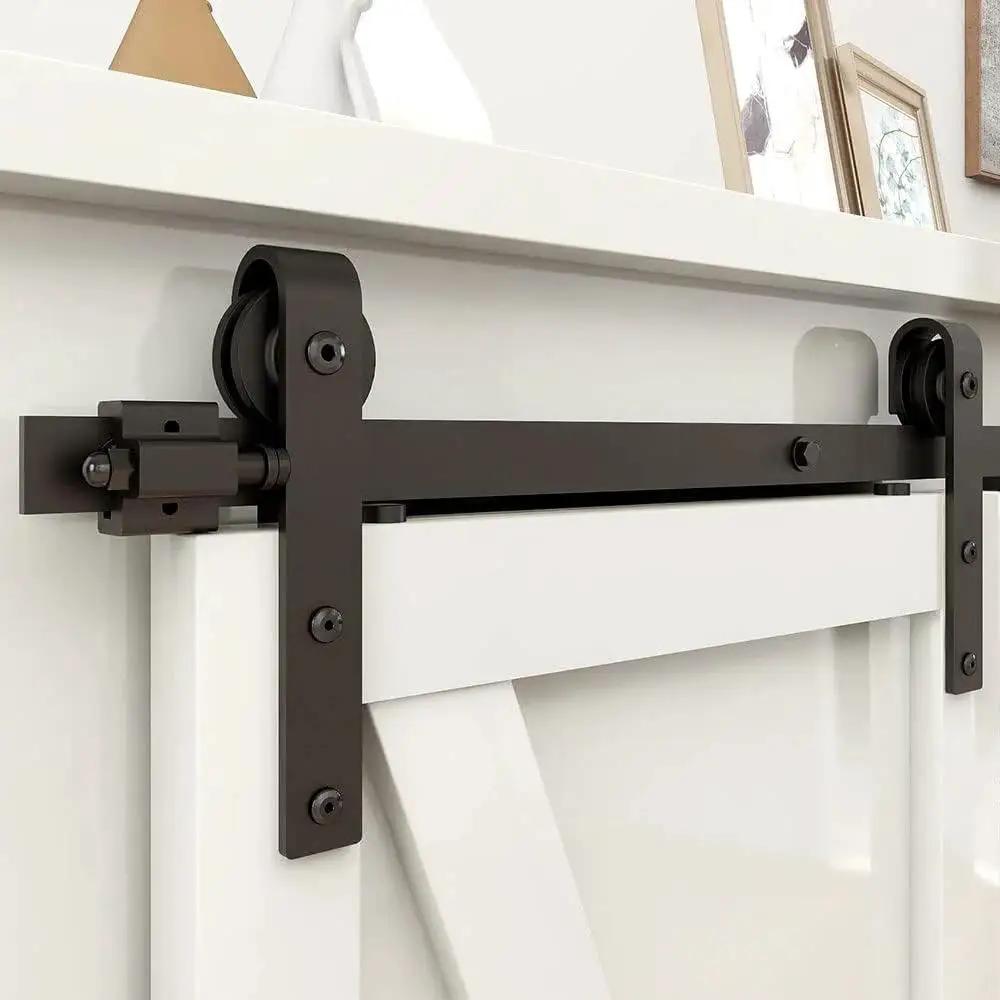 Two And A Half Foot Sliding Barn Door Hardware Kit For Single Door TV Stands And Small Cabinets J Shaped Hanger System with frosted black finish