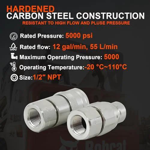 Universal Half Inch NPT Flat Face Hydraulic Quick Connect Couplers Fittings Dry Break for Bobcat Skid Steer ISO 16028