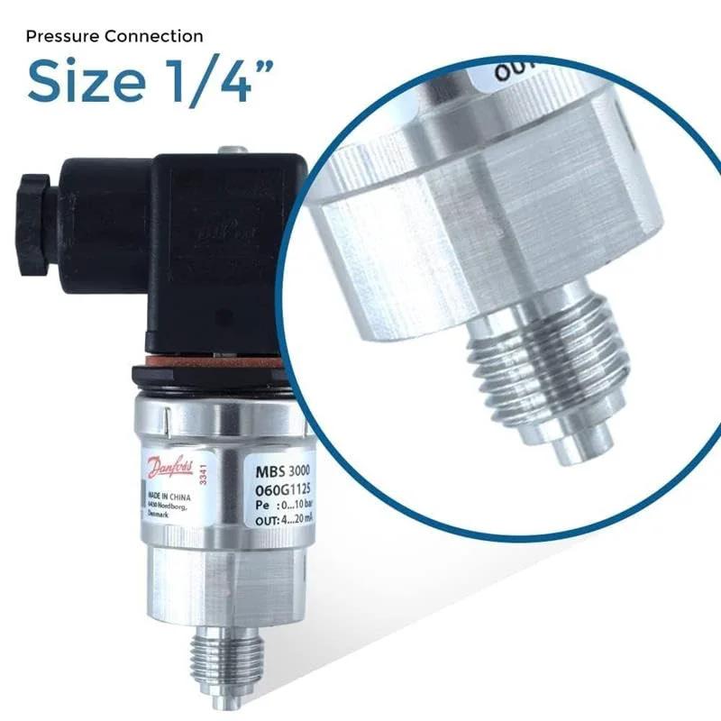 Industrial Pressure Transmitter With 4 To 20 mA Output For HVAC Hydraulics And Industrial Automation Systems In Stainless Steel Construction With 0 To 10 Bar Range Delivers High Accuracy And Rock Solid Readings, showing 1/4 inch connection size.