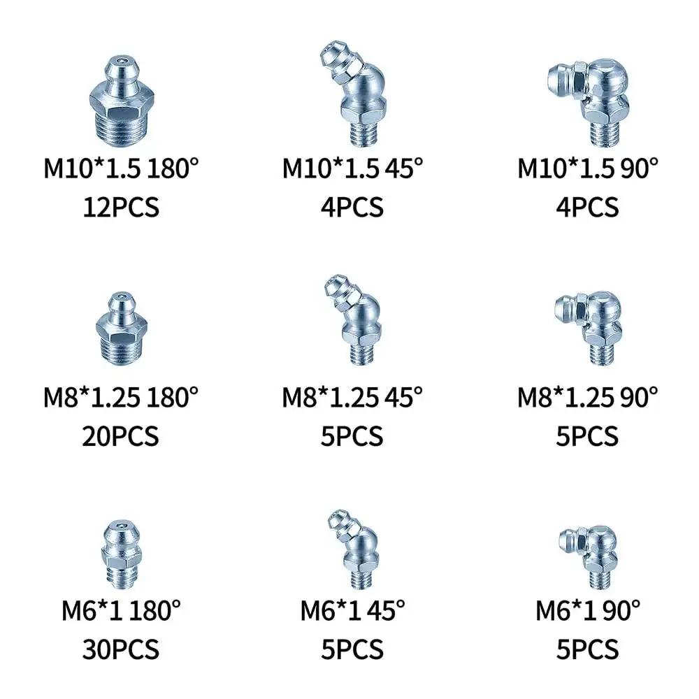Nine types of fittings from 90 Piece Grease Fitting Assortment Kit M6 M8 M10 45 90 180 Degree Zerk Fittings Set with Storage Box