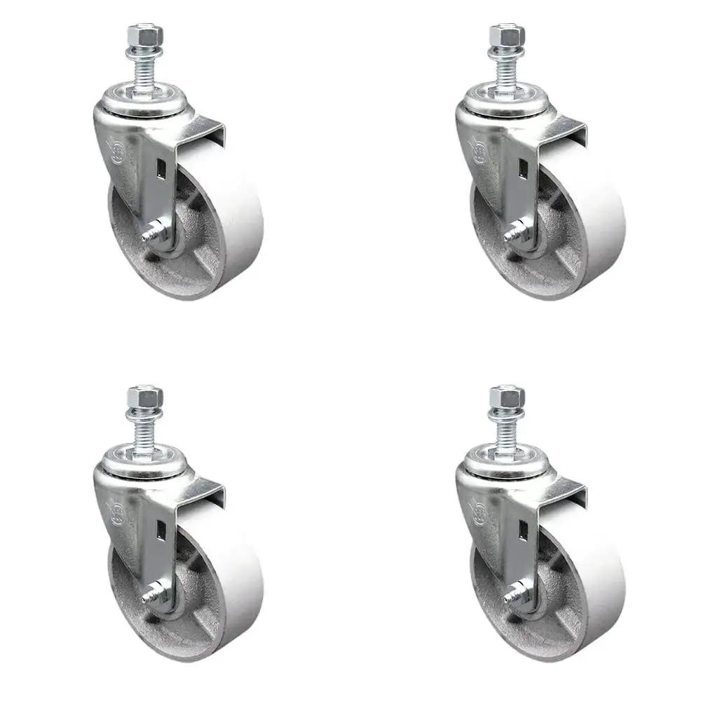 Heavy Duty Swivel Caster Set Of Four With Four Inch Silver Wheels And Half Inch Threaded Stems For Industrial Carts And Work Benches