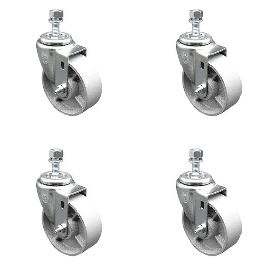Heavy Duty Swivel Caster Set Of Four With Four Inch Silver Wheels And Half Inch Threaded Stems For Industrial Carts And Work Benches