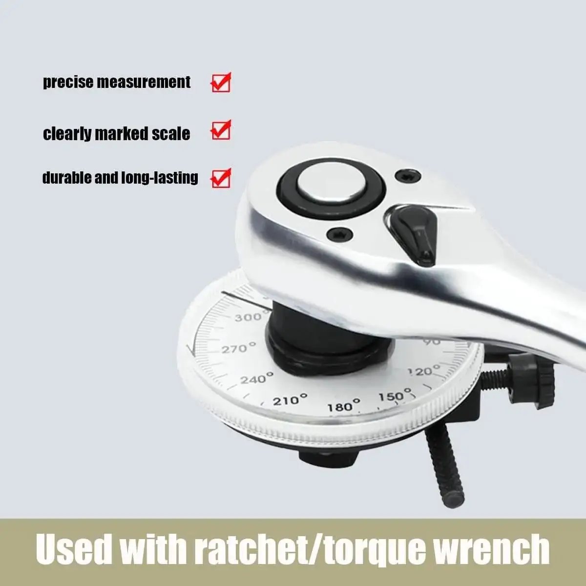 Precision Torque Angle Gauge With 360 Degree Rotation Scale for automotive applications with 1/2 inch drive on a torque wrench