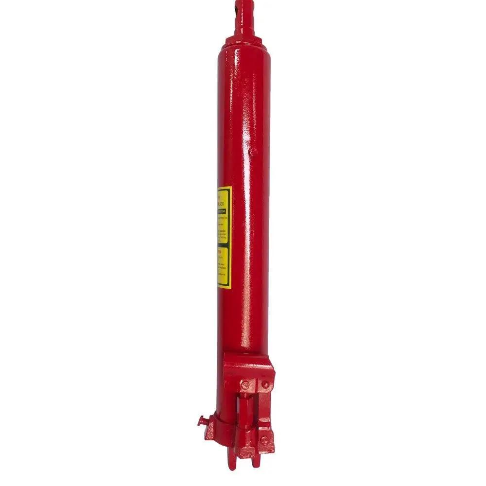 Side view of red 8 Ton Hydraulic Long Ram Jack With Clevis Base for Engine Hoists and Cranes, made from Q235 steel.
