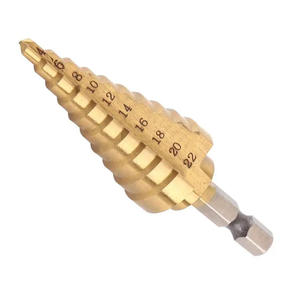 Step Drill Bit Set 4 To 22mm HSS Titanium Coated With Quick Change Cone And 1 Quarter Inch Hex Shank For Metal Plastic Wood