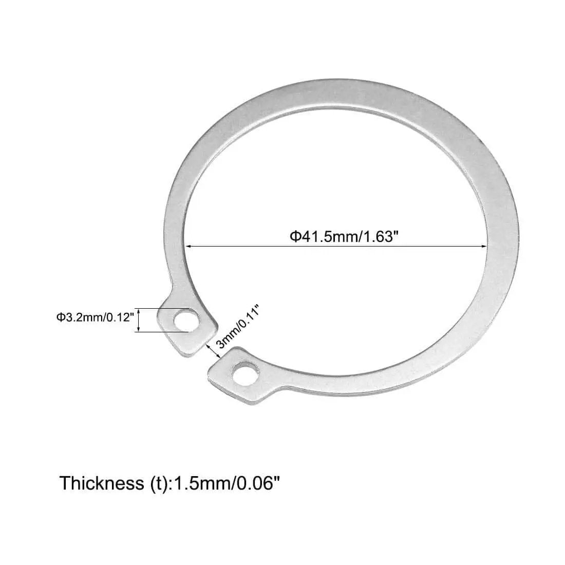 Side view of a 49mm External Circlip Retaining Ring Set For Shafts In 304 Stainless Steel 20 Pieces Outer 49mm Inner 41.5mm Thickness 1.5mm Snap Rings For Machined Grooves Top Notch Heavy Duty C Clips showing dimensions and thickness in millimeters and inches.