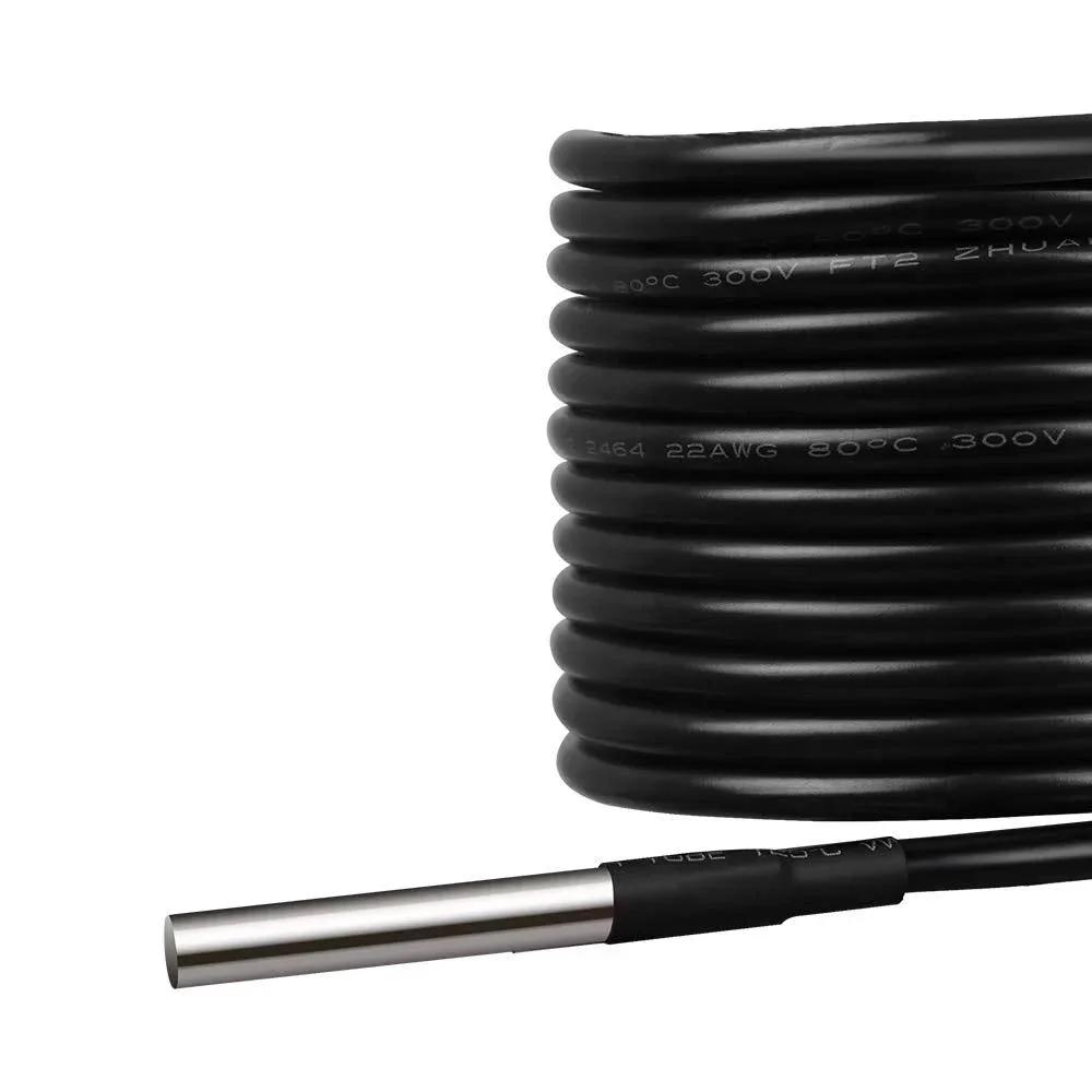 Go To Battery Temperature Sensor For Solar Charge Controllers With Outdoor Ready 118 Inch Cable Compatible With Adventurer Wanderer Rover And Rover Elite RoHS Compliant Temperature Compensation Up To 176 Fahrenheit By Renogy, close-up of sensor tip and coiled cable