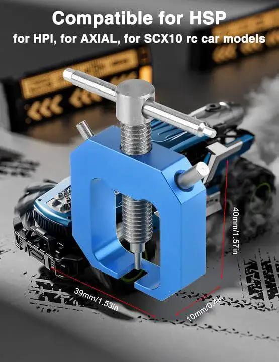 Mini RC Pinion Bearing Puller Stainless Steel Gear Puller For Small Gears next to a scale RC car on a workstation.