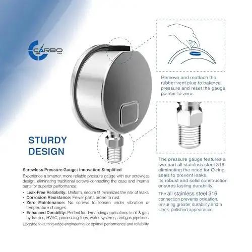 Side view of Stainless Steel Wetted Parts Carbo Instruments 2.5 Inch Pressure Gauge With Liquid Filled Case And Lower Mount One Quarter Inch NPT, 0 To 60 Psi KPa, showing sturdy design and parts description for oil water air hydraulics HVAC.