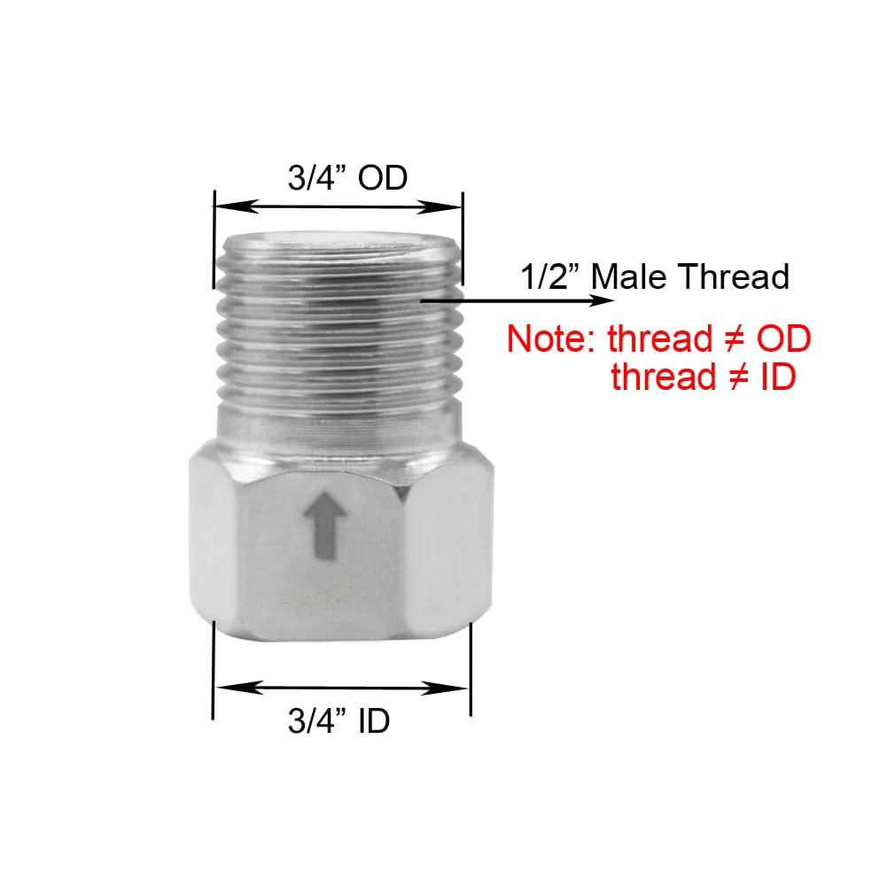 Stainless Steel 1/2 Inch Female to 1/2 Inch Male Check Valve One Way Non Return Water Backflow Preventer, side view with measurements
