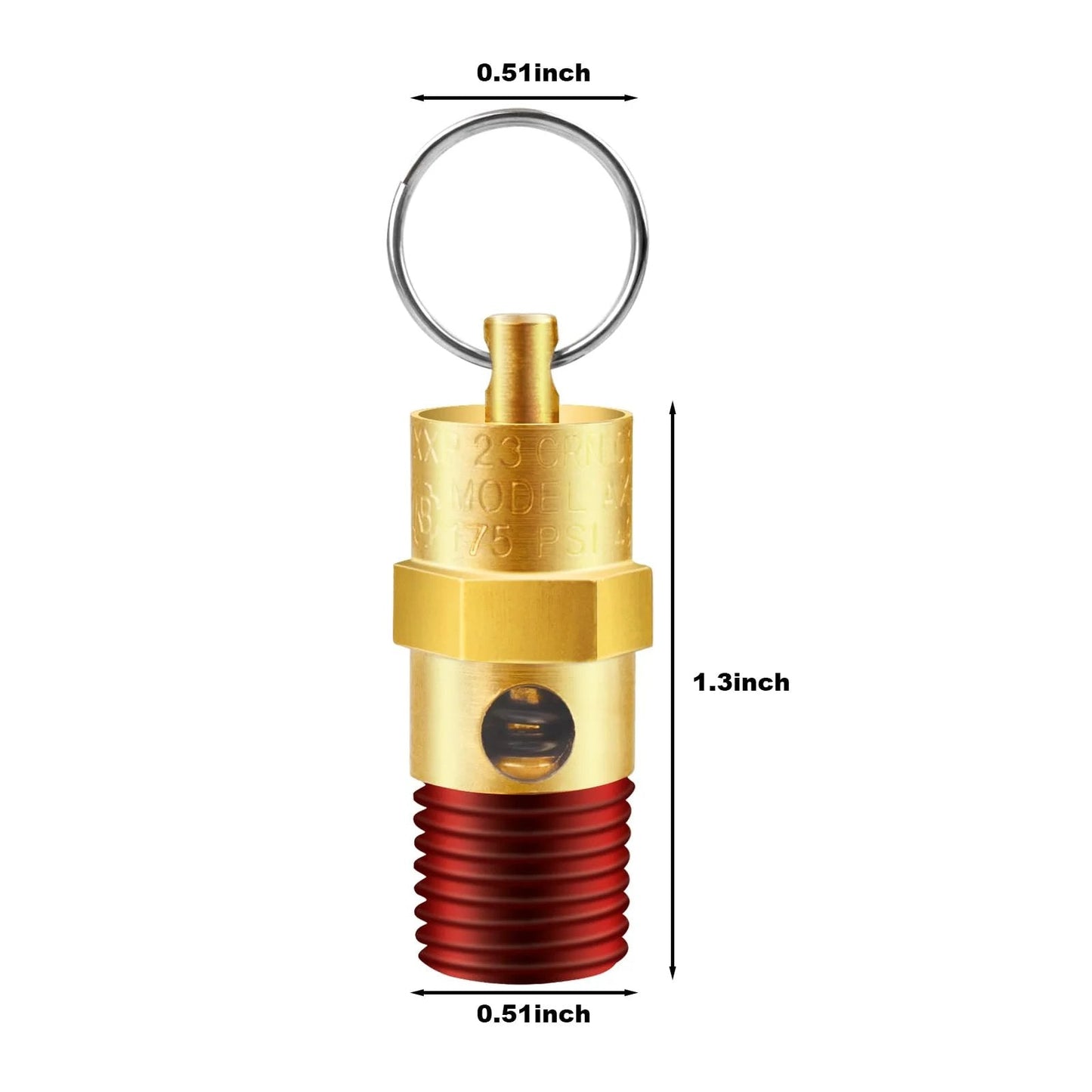 Front view of Brass One Quarter Inch NPT Pressure Relief Valve For Air Compressors, 175 PSI, Dual Pack, Safety Check Valve.