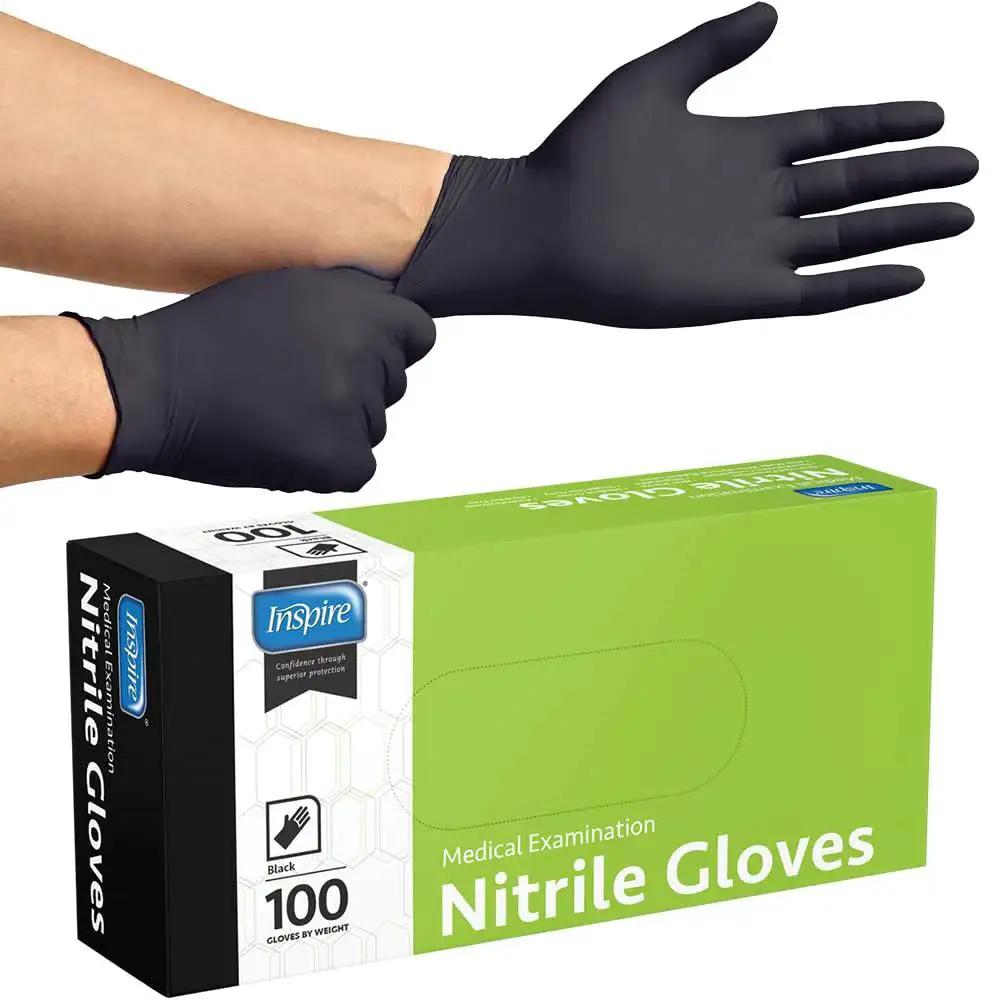 Person wearing Black Nitrile Gloves Disposable Latex Free 4.5 Mil Medium, next to green box labeled 'Nitrile Gloves'.
