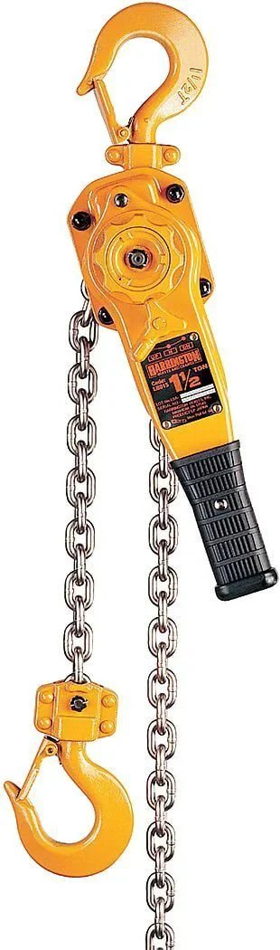 LB Series Steel Lever Hoist 1-1/2 Ton Capacity, 15 Ft Lift Height with yellow hook and chain, all-steel construction