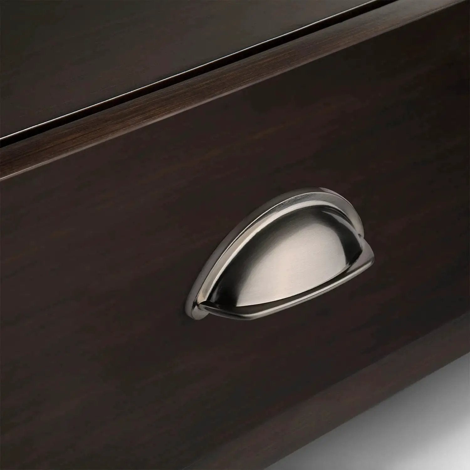 Brushed Satin Nickel Cabinet Cup Pull on dark wood drawer, part of 10 Pack With 3 Inch Hole Centers 76mm for kitchens and home projects