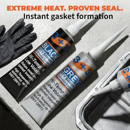 RTV Silicone Gasket Maker High Temp 590F Oil Resistant Black and Grey tubes next to engine oil pan and gloves