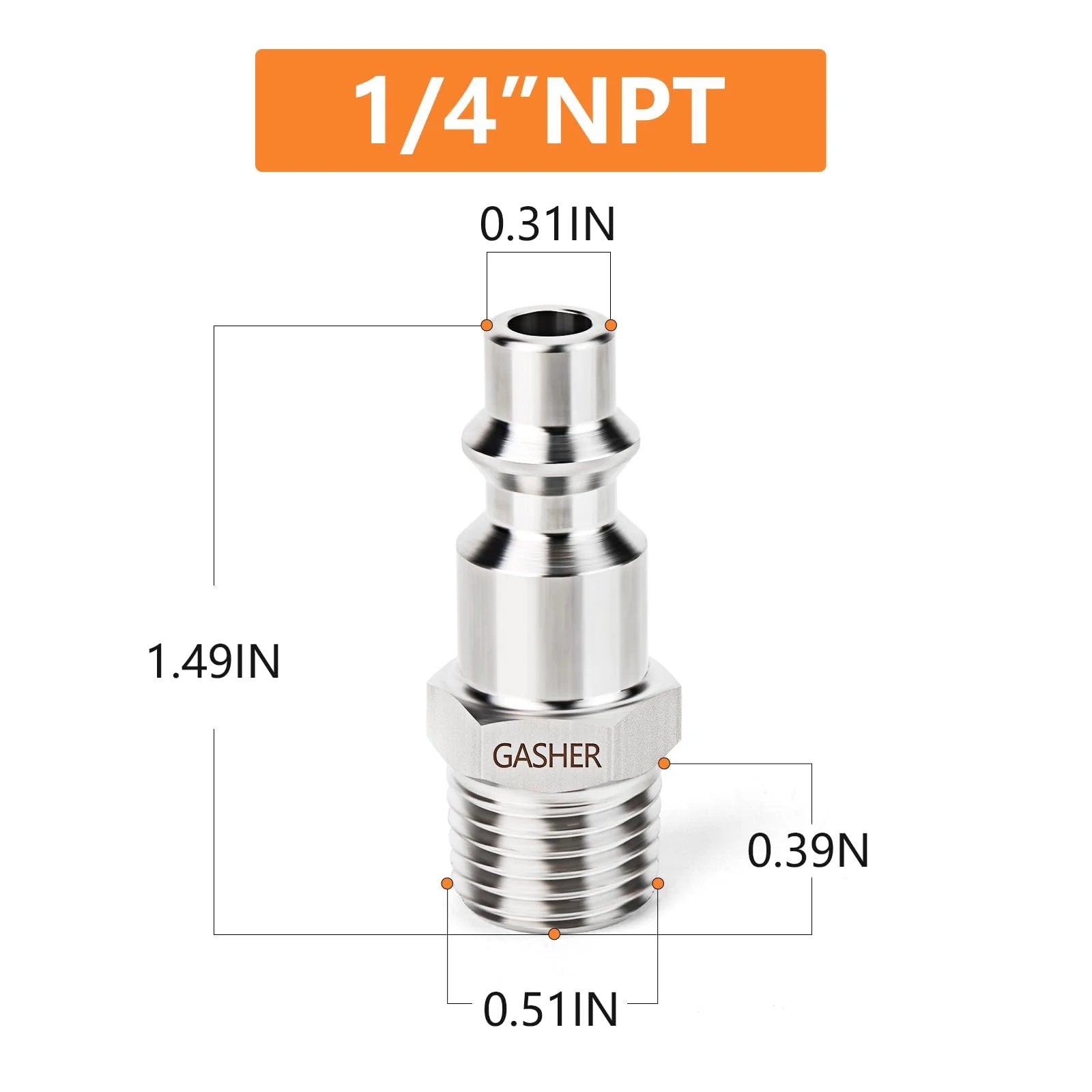 One of the Five Pack Industrial Air Plugs In 304 Stainless Steel One Quarter Inch MNPT Threads For High Flow Pneumatic Systems