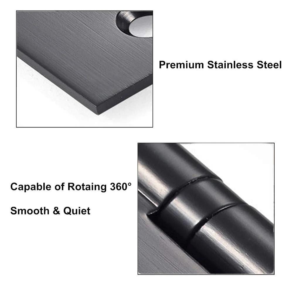 Close-up of Six Pack Non Mortise Door Hinges For Easy Install 4x3 Inch Stainless Steel Black Hinge Set showing material and rotation capability.
