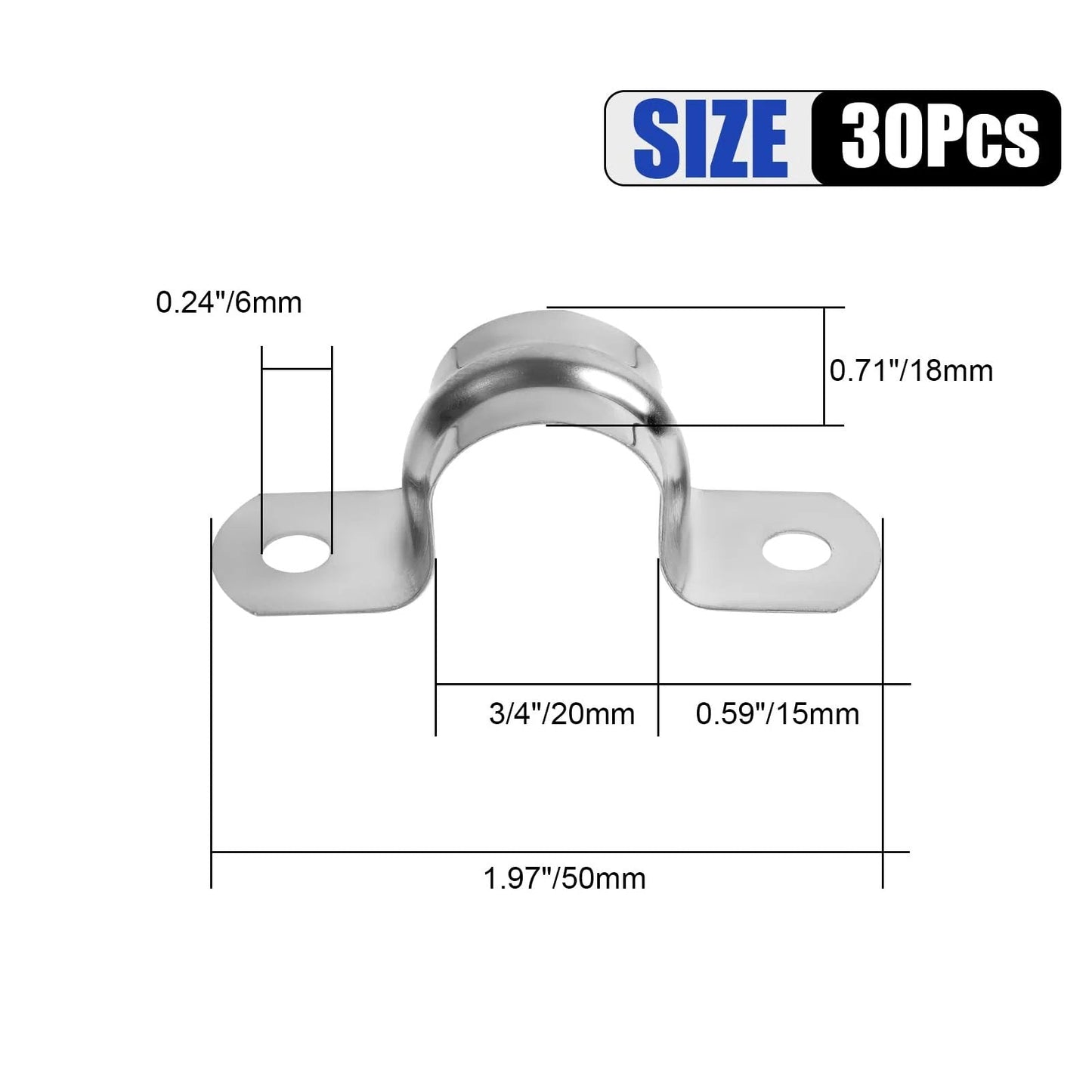 Heavy Duty Stainless Steel Conduit Clamps 30 Pack 3/4 Inch U Bracket Pipe Straps with measurements diagram.