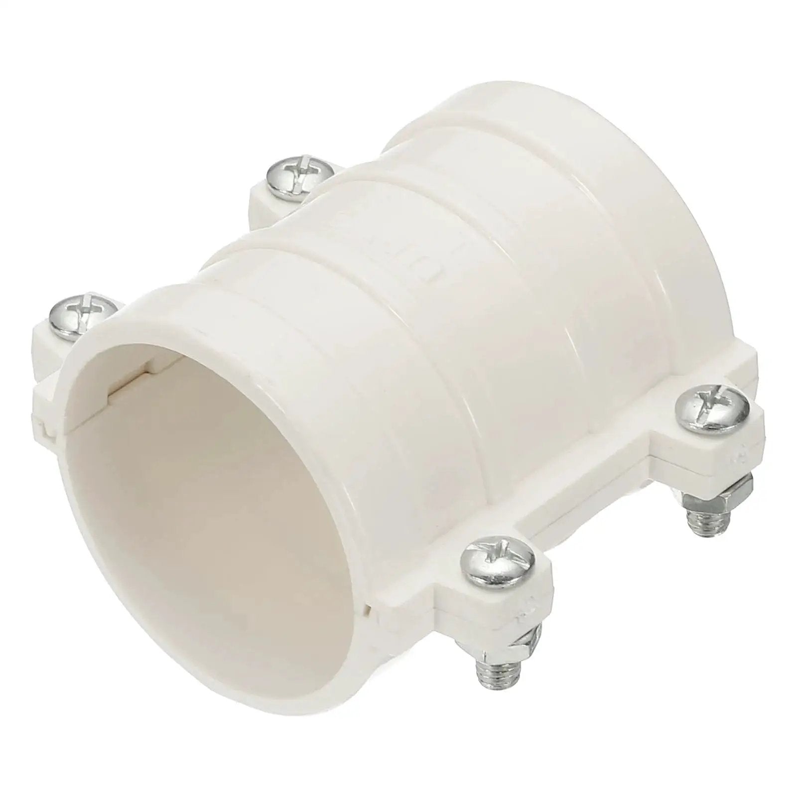 2 Inch Water Pipe Repair Clamp PVC Leak Sealer For 50 Millimeter Outer Diameter Pipes, white, showing front angle with screws