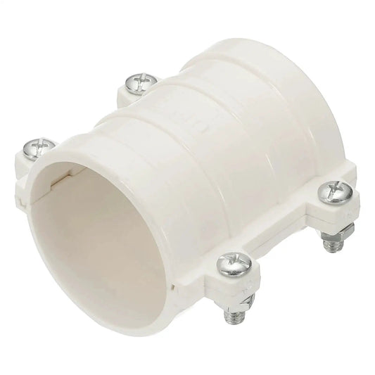 2 Inch Water Pipe Repair Clamp PVC Leak Sealer For 50 Millimeter Outer Diameter Pipes, white, showing front angle with screws