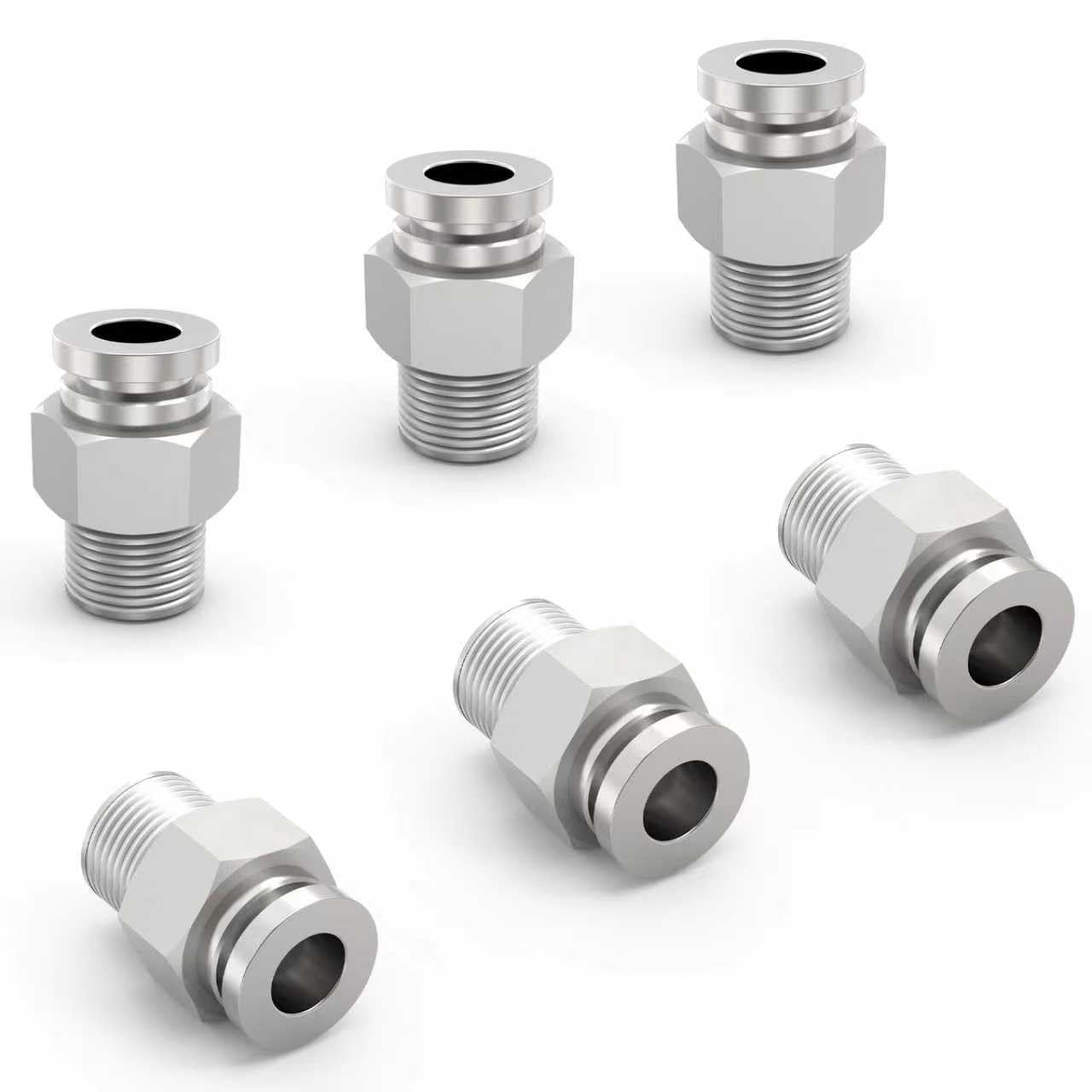 Premium 304 Stainless Steel Push To Connect Fittings For One Quarter Inch OD Tubing And One Quarter Inch NPT Thread Straight Male Quick Connect Pneumatic Air Line Hose Fittings Accessories 6 Pack By EterMutable. Image shows six fittings on white background.