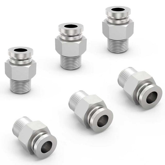 Premium 304 Stainless Steel Push To Connect Fittings For One Quarter Inch OD Tubing And One Quarter Inch NPT Thread Straight Male Quick Connect Pneumatic Air Line Hose Fittings Accessories 6 Pack By EterMutable. Image shows six fittings on white background.