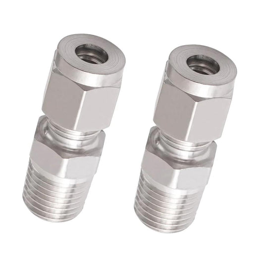 Pair of Stainless Steel 304 Compression Bulkhead Fitting 1 Quarter Inch OD Tube to 1 Quarter Inch NPT Male Connector, snug fit