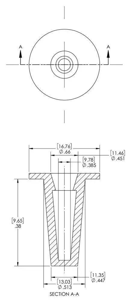 Technical drawing of Red Tapered Cap and Plug Set for T Series LD-PE, 200 Pack, Cap OD 0.385 in and Plug ID 0.513 in