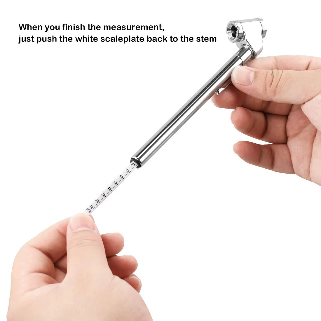 Pencil Tire Pressure Gauge Dual Head For Cars Trucks RVs ATVs Motorcycles And Bikes Mechanical Gauge With Stainless Steel Stem 10 To 120 PSI Silver 2 Pack CZC AUTO showing measurement.
