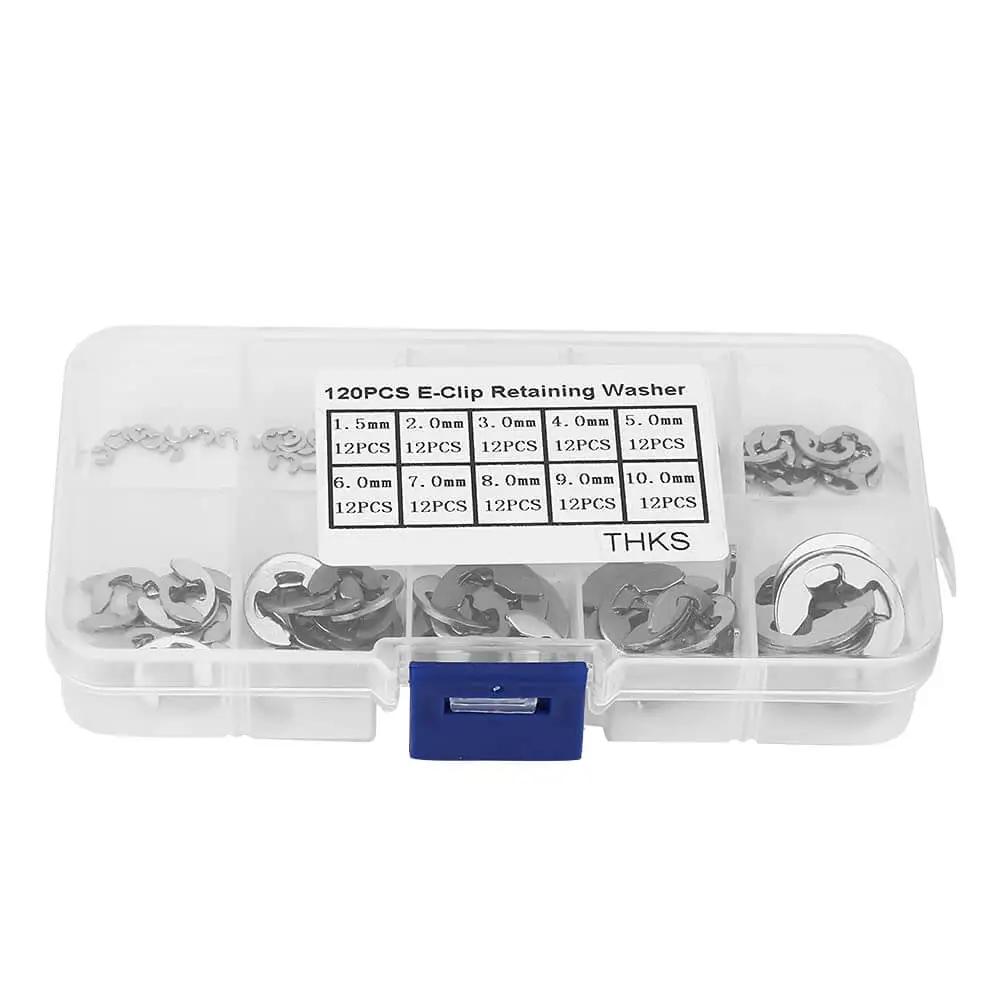 120Pcs 10 Size 304 Stainless Steel E Clip Assortment Kit With External Retaining Snap Rings Circlips For 1.5 To 10 Mm In Durable Plastic Storage Box Pro Grade Shop Must Have, clear view of organized clips in plastic box.