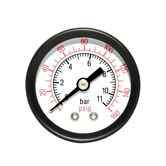 Front view of Rugged One And A Half Inch Dial Air Pressure Gauge For Air Compressors, 0 To 160 Psi Range, One Eighth Inch NPT Connection