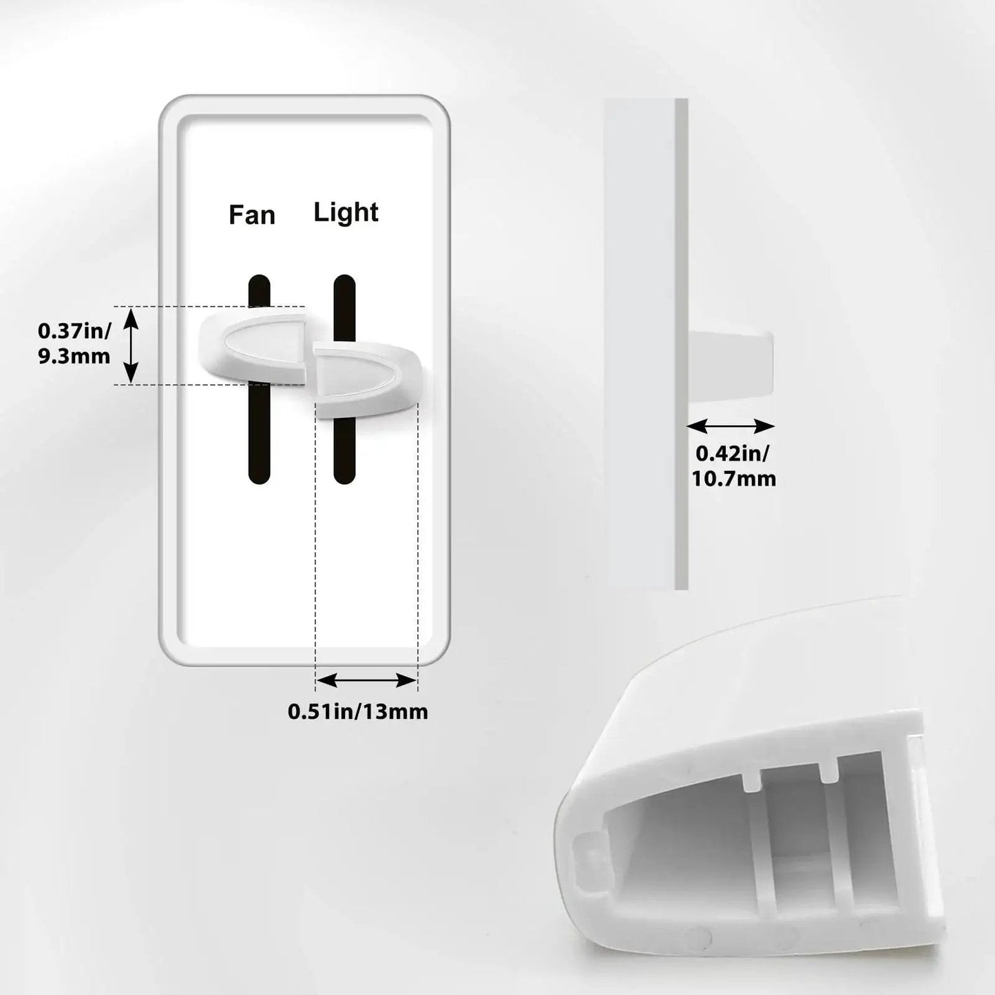 Two Dimmer Knob Replacements For Lutron Skylark Dual Dimmer Switches White shown from various angles with measurements
