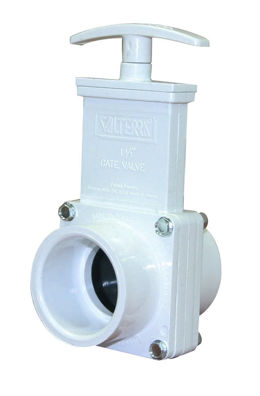 PVC Gate Valve One And A Half Inch Slip Full Port For Low Pressure And Vacuum Plumbing Unrestricted Flow Quick Shutoff Easy Push Pull Operation Schedule 40 PVC White