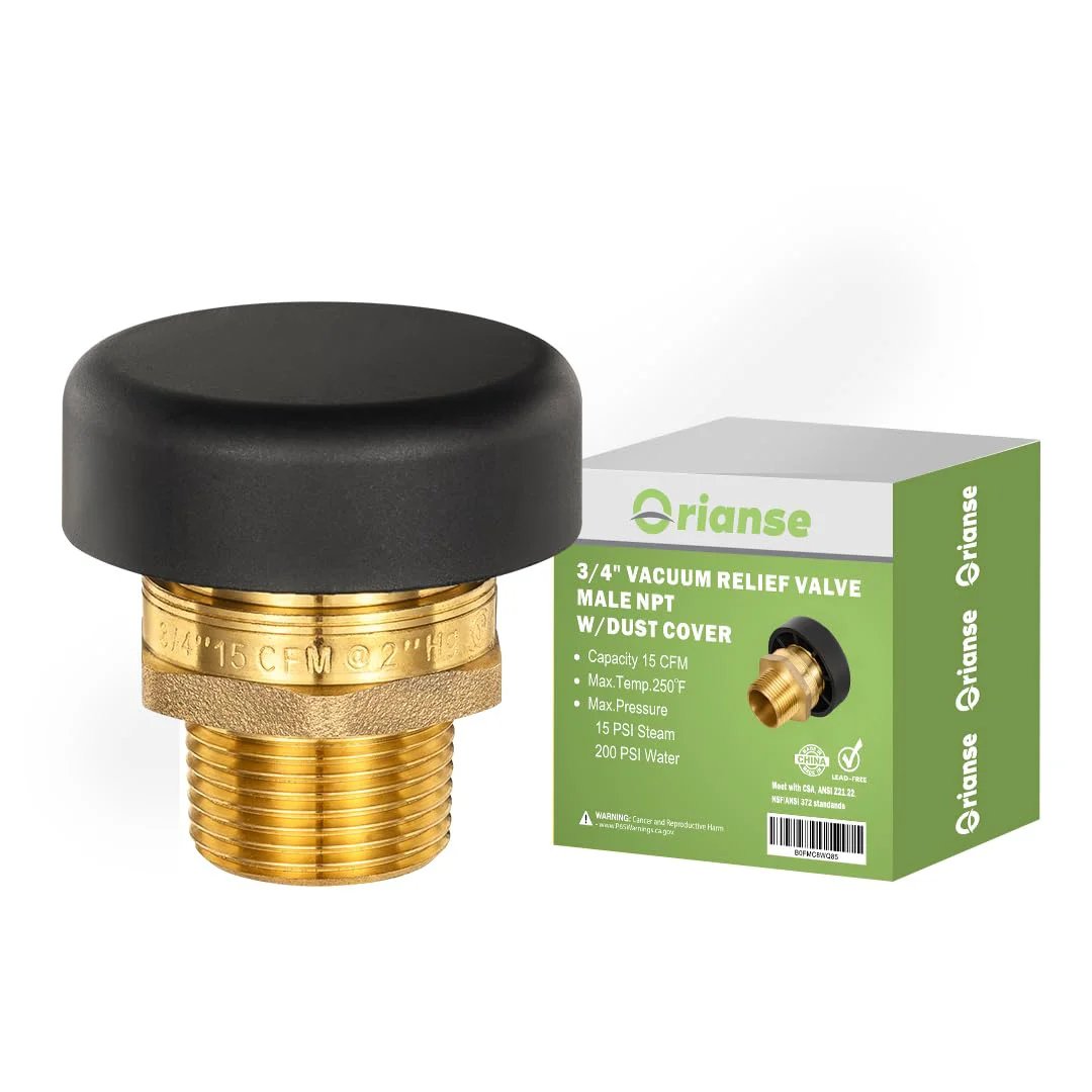 Vacuum Relief Valve Three Quarter Inch Brass Tubular Water Service Low Profile With Dust Cover For Water Heaters And Tanks Leak Proof Lead Free ANSI Z21 22 CSA Certified shown with packaging