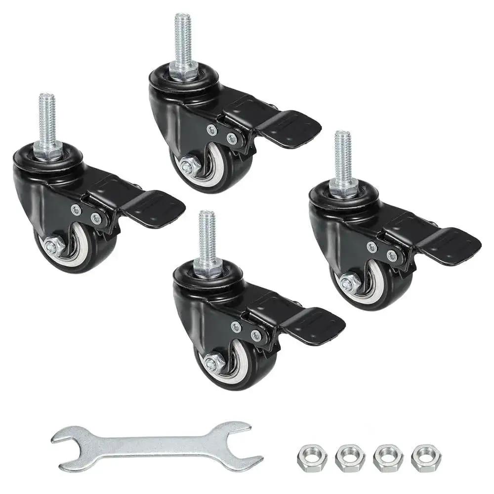 4 Pack 1.5 Inch Heavy Duty Threaded Stem Swivel Casters With Brake M8x25 Threaded Stem And Nuts, 75 Lbs Capacity shown with wrench and nuts