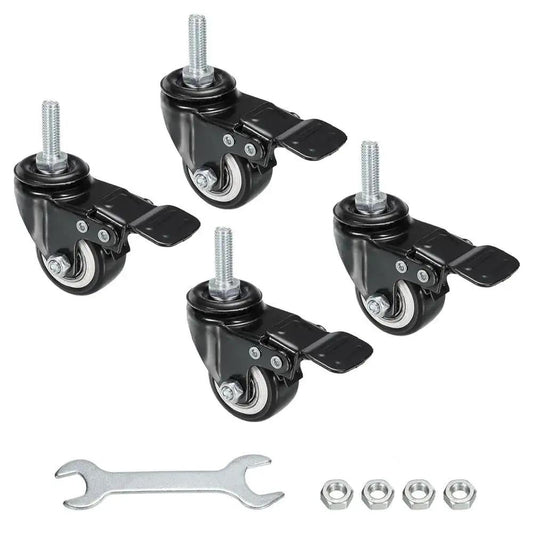 4 Pack 1.5 Inch Heavy Duty Threaded Stem Swivel Casters With Brake M8x25 Threaded Stem And Nuts, 75 Lbs Capacity shown with wrench and nuts