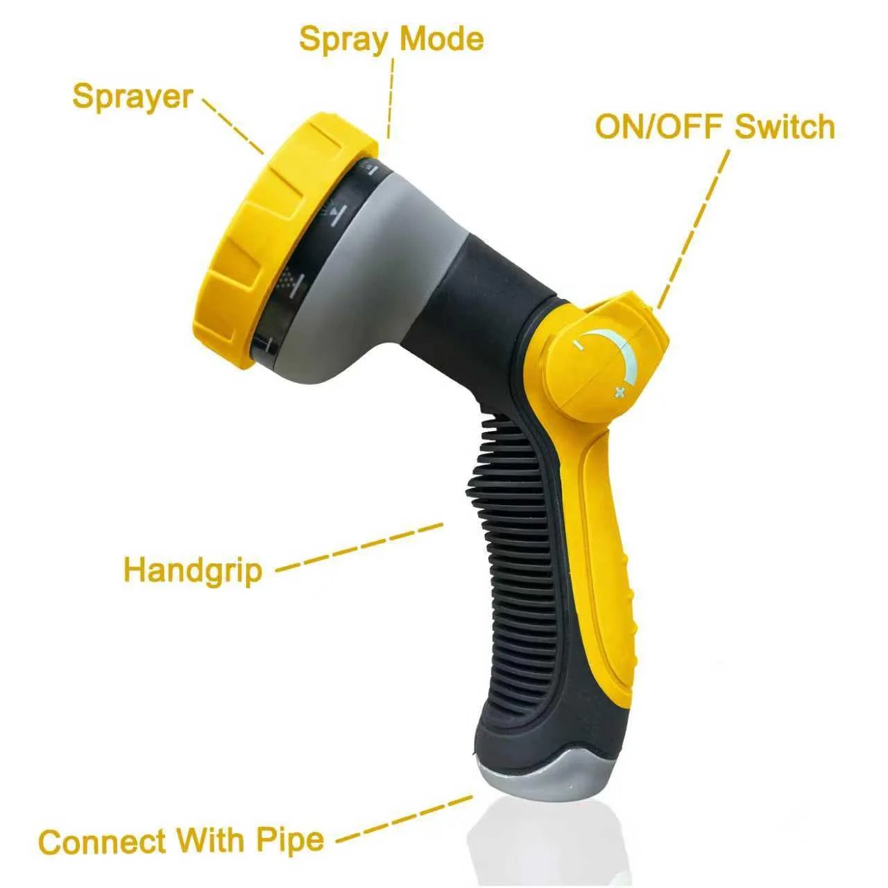 Close-up of yellow jet nozzle for Non Expanding Garden Hose With Jet Nozzle Ultra Lightweight Fabric Hybrid Kink Resistant Durable 100 Ft