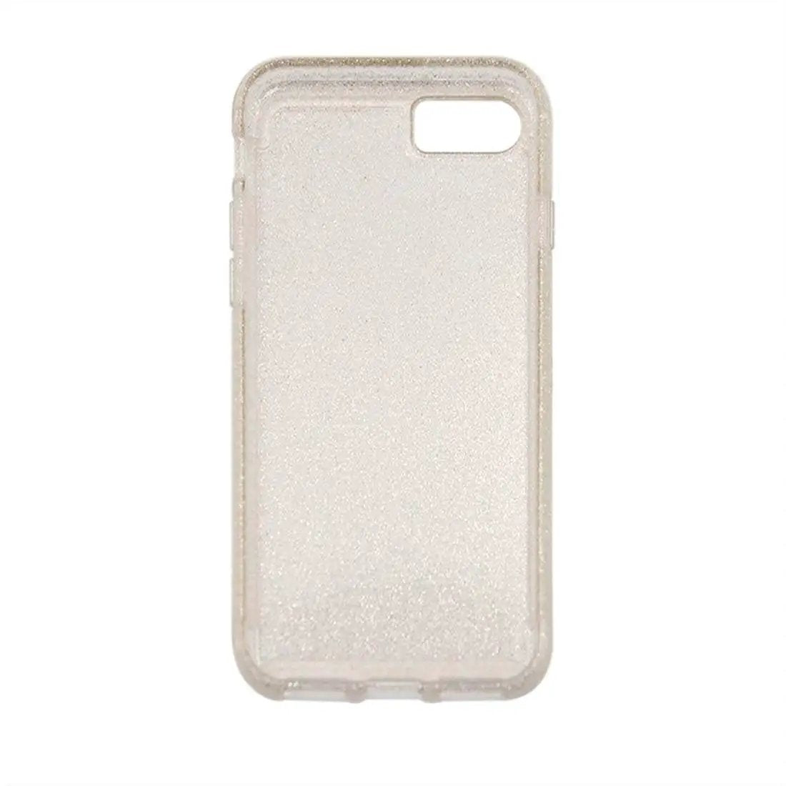Transparent smartphone case with glitter accents, back view