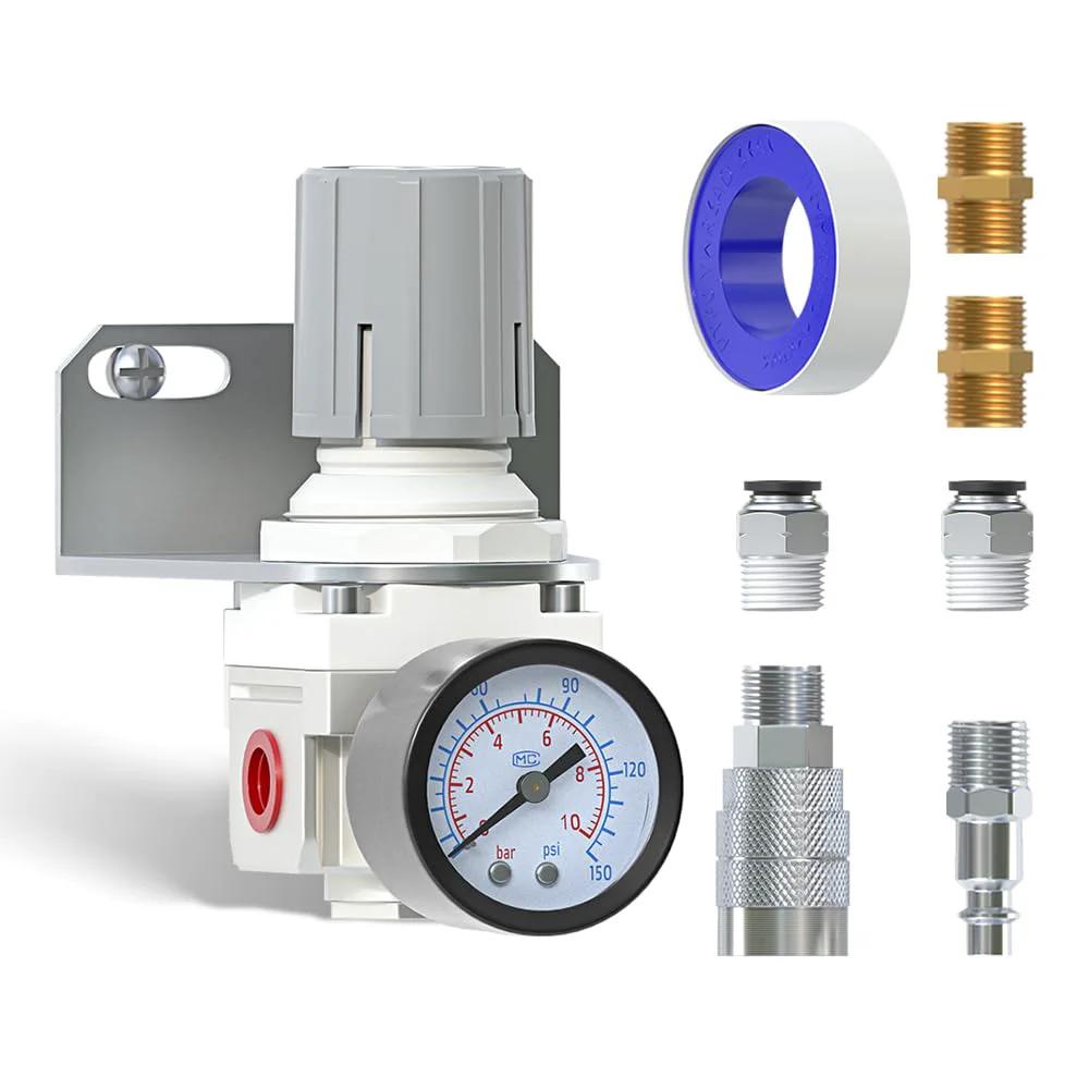 1/4 Inch NPT Air Pressure Regulator AR2000-02 With 0-150 Psi Gauge For Compressed Air Systems Keeps Your Air Pressure Steady 550 Liters Per Minute Flow Includes Polycarbonate Bowl Operating Range 41-140 F