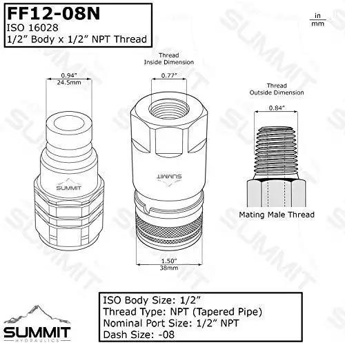 Diagram of Flat Face Quick Connect Couplers For Skid Steer Half Inch NPT Thread High Flow Two Sets With Dust Caps